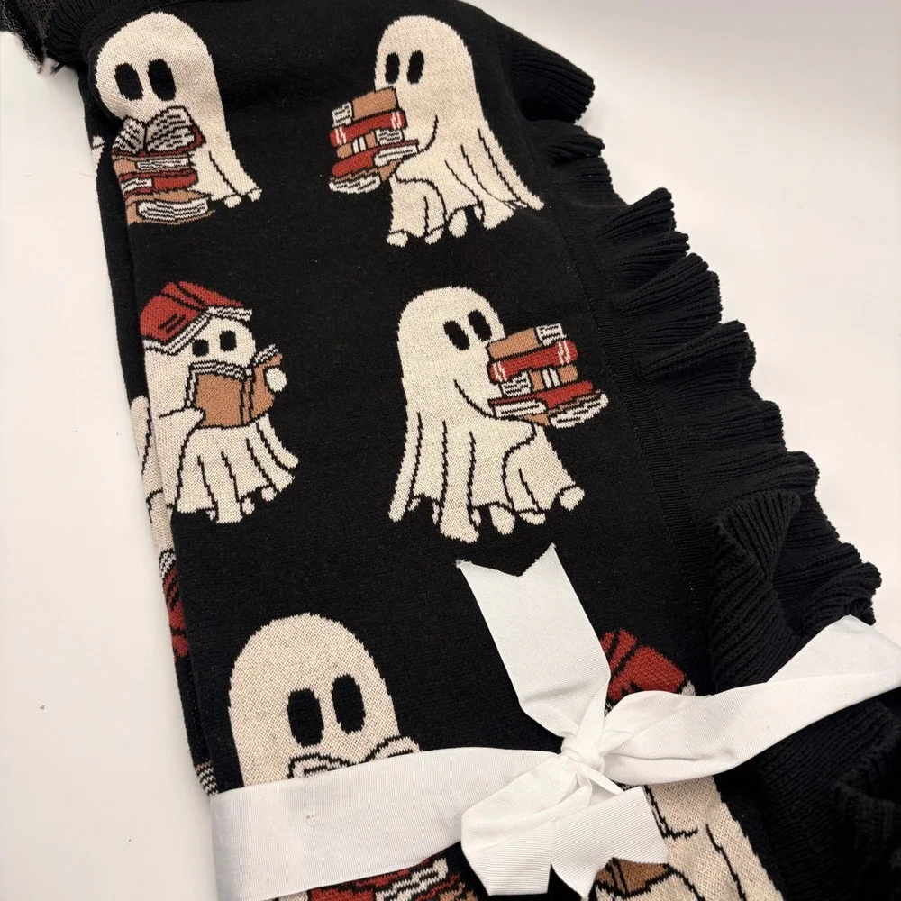 Grammercy Studio Ghost Reading Books Ruffle Blanket Black Halloween Bibliophile